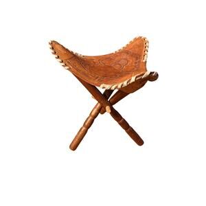 Vintage Hand Tooled Leather Costa Rica Boho Tripod Stool with Orchid